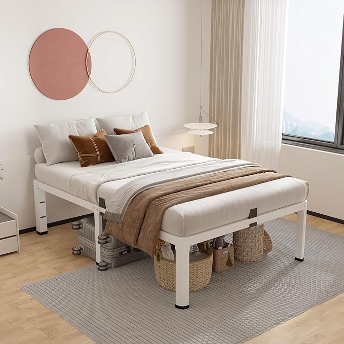 ROIL 14 Inch White Twin Size Bed Frame with Rounded Corner and Headboard Hole Mattress Retainers 3500LBS Heavy Duty Steel Slats No Box Spring Needed Platform Noise-Free Easy Assembly