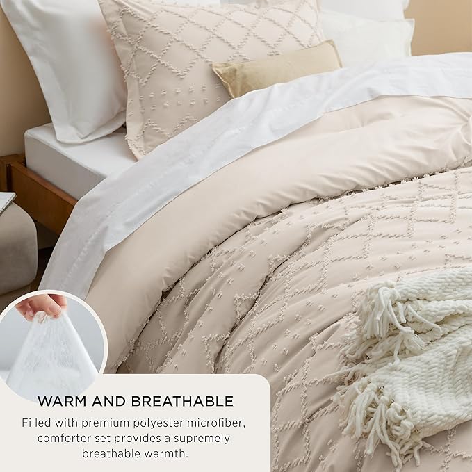 Bedsure Full Comforter Set - Beige Comforter, Boho Tufted Shabby Chic Bedding for Kids, 3 Pieces Vintage Farmhouse Bed Set for All Seasons, Fluffy Soft Bedding with 2 Pillow Shams