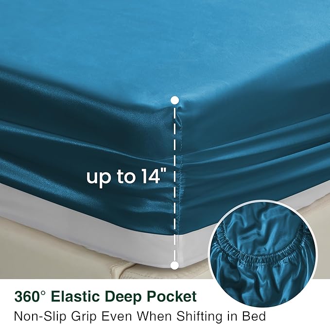 Love's cabin Satin Queen Sheets Set - 4 Piece Teal Silky Bed Sheets with Deep Pocket, Luxury Silk Feel Satin Queen Size Sheet Set (1 Flat Sheet,1 Fitted Sheet,2 Pillow Cases)