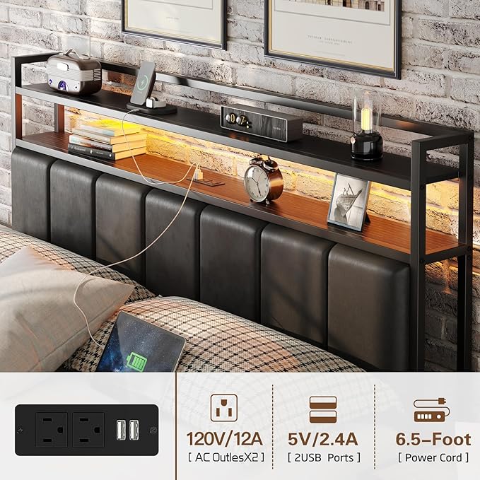 Twin Size Bed Frame with Charging Station and LED Lights, Metal Bed Frame with Headboard, Black Upholstered Headboard with 2-Tier Storage Shelves, Noise Free, No Box Spring Needed, Black