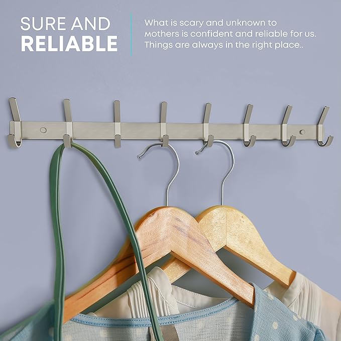 Coat Rack Wall Mount – Brushed Nickel 24 Inch Stainless Steel Hook Rail with 8 Heavy Duty Double Coat Hooks – Wall Mounted Coat Hanger for Entryway, Bathroom, Bedroom, Towel, Hat Organizer