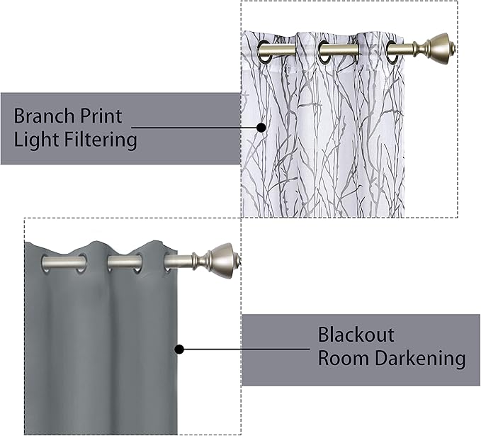 BONZER Mix and Match Curtains - 2 Pieces Branch Print Sheer Curtains and 2 Pieces Blackout Curtains for Bedroom Living Room Grommet Window Drapes, 37x63 Inch/Panel, Light Grey, Set of 4 Panels