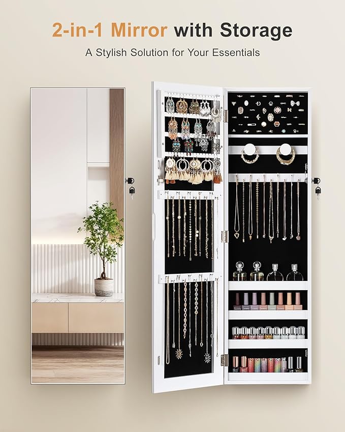 Nicetree Jewelry Armoire with Mirror, Wall/Door Mounted Jewelry Cabinet, Lockable Jewelry Organizer with Full-Length Mirror, Frameless Mirror with Storage, Black Lining