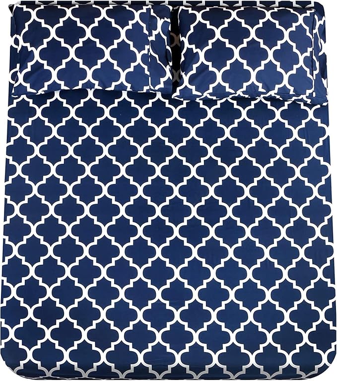 Mejoroom King Bed Sheet Set - Super Soft Brushed Microfiber 1800 Thread Count King Sheets with 15 inch Deep Pocket - Wrinkle Free - 4 Piece(King, Navy Quatrefoil with White Pattern)