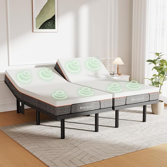 Marsail MS01-2 Split King Adjustable Bed with Massage + 10-inch Gel Memory Foam Mattress, APP Control Adjustable Bed with Under-Bed Nightlight, Split King