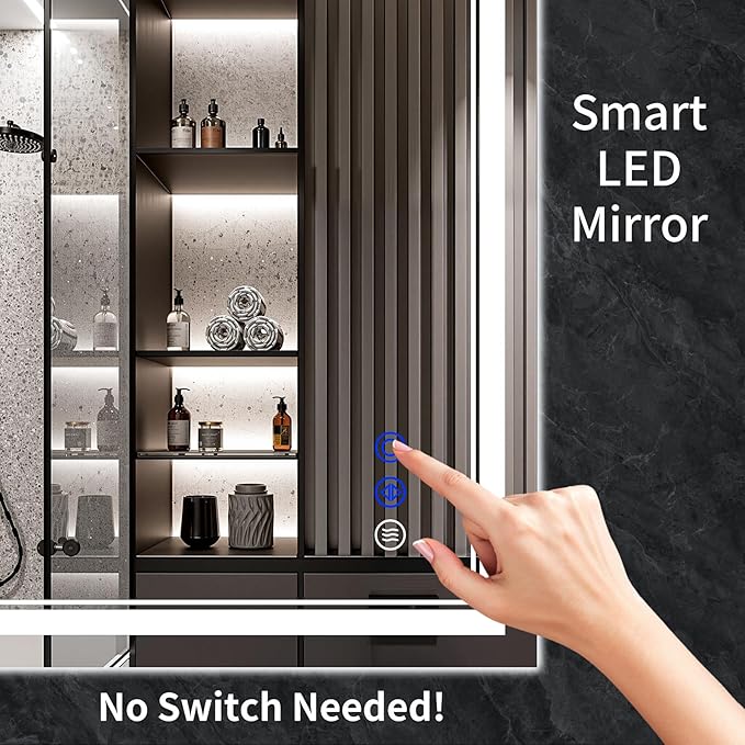 38"x30" LED Bathroom Mirror with Anti-Fog, Stepless Dimmable Lights, 3 Color Modes, Shatter-Proof Tempered Glass, Memory Function & Waterproof Design