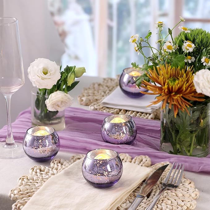 Volens Round Purple Votive Candle Holders Set of 12, Purple Wedding Centerpiece Table Decorations, Mercury Glass Tealight Candle Holder for Bridal Shower, Baby Shower & Home Decor