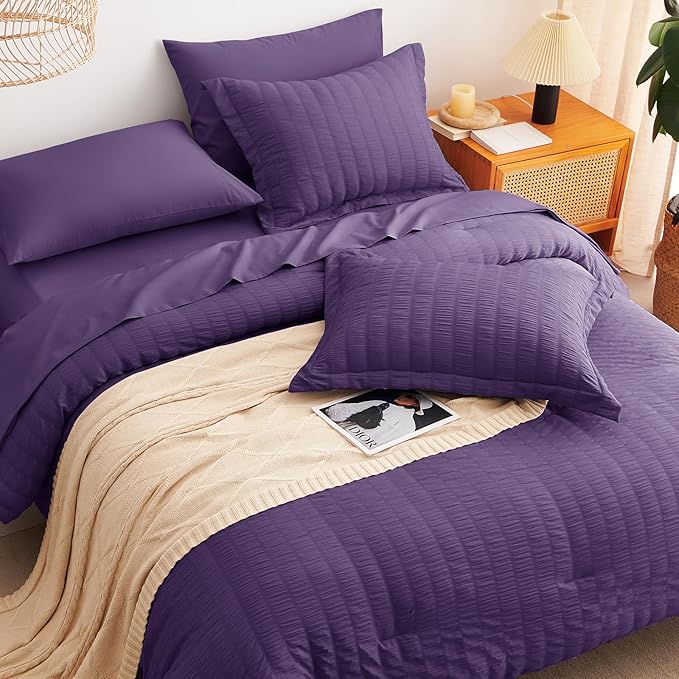CozyLux Queen Comforter Set Purple Seersucker 7 Pieces Bed in a Bag Queen Comforter Set with Sheets, Luxury Soft Bedding Set with Down Alternative Comforter, Sheets, Pillowcases & Shams for All Season