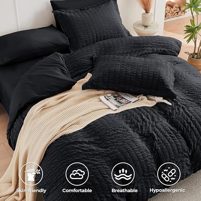 HYMOKEGE Black King Size Comforter Set Seersucker 7 Pieces, All Season Luxury Bed in a Bag for Bedroom, Bedding Set with Comforters, Sheets, Pillowcases & Shams
