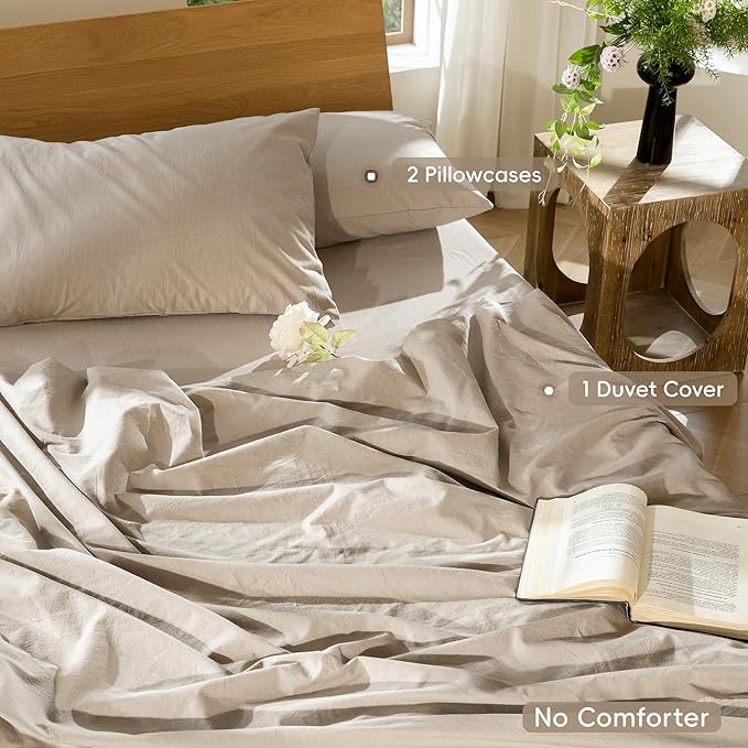 MooMee Bedding Duvet Cover Set 100% Washed Cotton Linen Like Textured Breathable Durable Soft Comfy (Heathered Taupe, Cal King 104"x98")