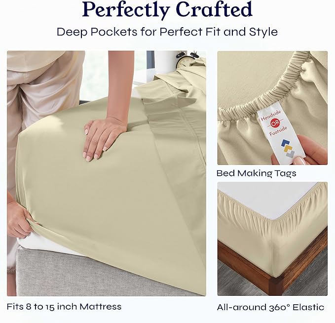 California Design Den Split King Sheets Sets for Adjustable Bed - Soft 400 Thread Count Sateen Natural 100% Cotton Sheets, Deep Pockets, Breathable, Cooling & Durable Bedding Set - Beige (Golden Tone)