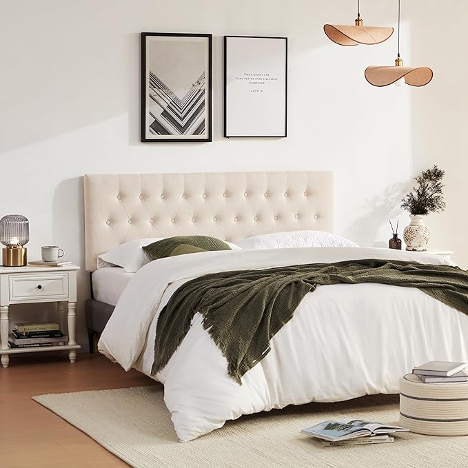 Tufted Upholstered Headboard Full Size, Solid Wood Head Board with Durable Metal Legs, Adjustable Height Full XL headboard from 37” to 51” Fabric Headboard in Modern Button Design, Beige