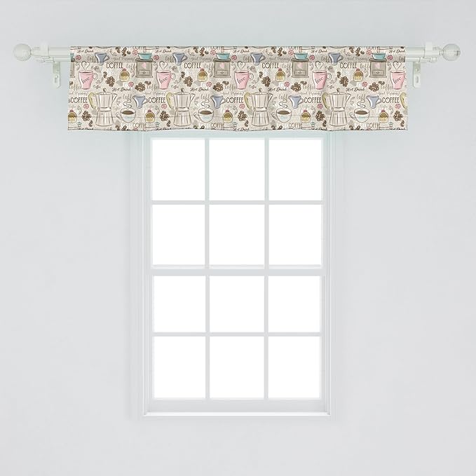Ambesonne Modern Window Valance Pack of 2, Coffee Time Vintage Espresso Machine Cupcakes Beans Design, Rod Pocket Curtain Valances for Kitchen Bedroom, 54" X 12", Pale Pink Beige