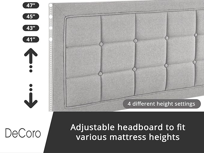 Decoro Mornington Upholstered 2.0 Platform Bed, Button-Tufted Fabric Headboard and Metal Frame with Wood Slat Support, Light Grey, Full