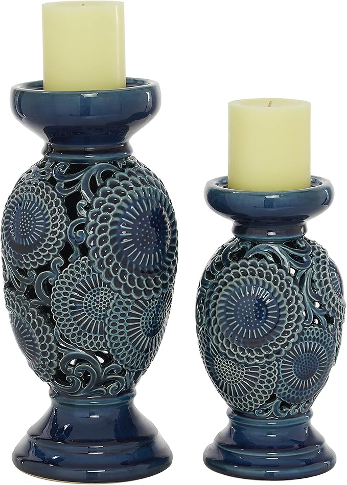 Deco 79 Ceramic Pillar Candle Holder with Cut Out Pattern, Set of 2 13", 10"H, Blue
