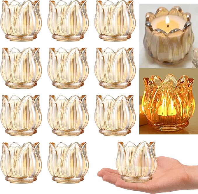 GOLDEAL 12Pcs Gold Votive Candle Holders, Thick Glass Tea Light Candle Holder Bulk, Tealight Candle Jars for Wedding Table Decor, Party Supplies, Bridal Shower Decorations, Centerpieces for Tables