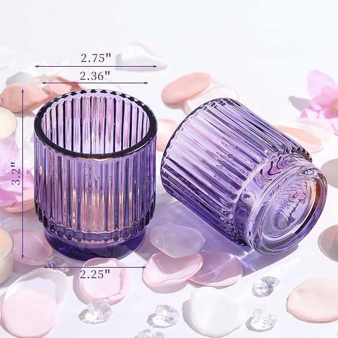 8 Pcs Large Lavender Votive Candle Holders, Tealight Ribbed Candle Holders Glass, Brildal Shower Table Decor,Wedding Centerpieces Table Decorations