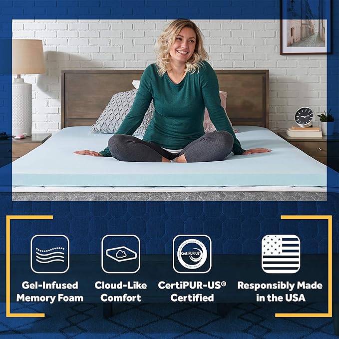 Sealy TrueForm 2" Medium-Firm Gel-Infused Memory Foam Mattress Topper, Cloud-Like Adaptive Mattress Topper for Body Support, Queen Blue
