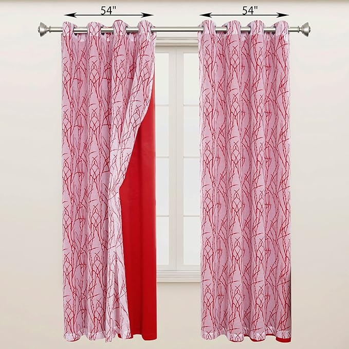 BONZER Mix and Match Curtains - 2 Pieces Branch Print Sheer Curtains and 2 Pieces Blackout Curtains for Bedroom Living Room Grommet Window Drapes, 54x63 Inch/Panel, Red, Set of 4 Panels