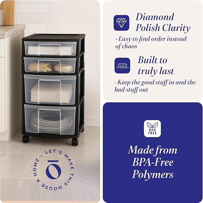 HOMZ 2-Pack Drawer Tower, 4-Tier Clear Plastic Storage Organizer Cart, Black Frame - Organizing Containers with Wheels for Home, Bathroom, Bedroom, Office, and Classroom