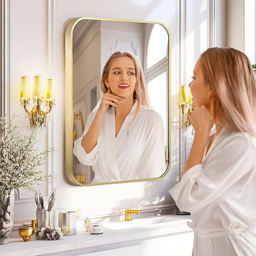 20"x30" Brushed Matte Gold Mirror for Wall, Gold Metal Framed Rounded Corner Rectangular Mirror for Bathroom Vanity,Entryway,Living Room,Bedroom,Vertical or Horizontal