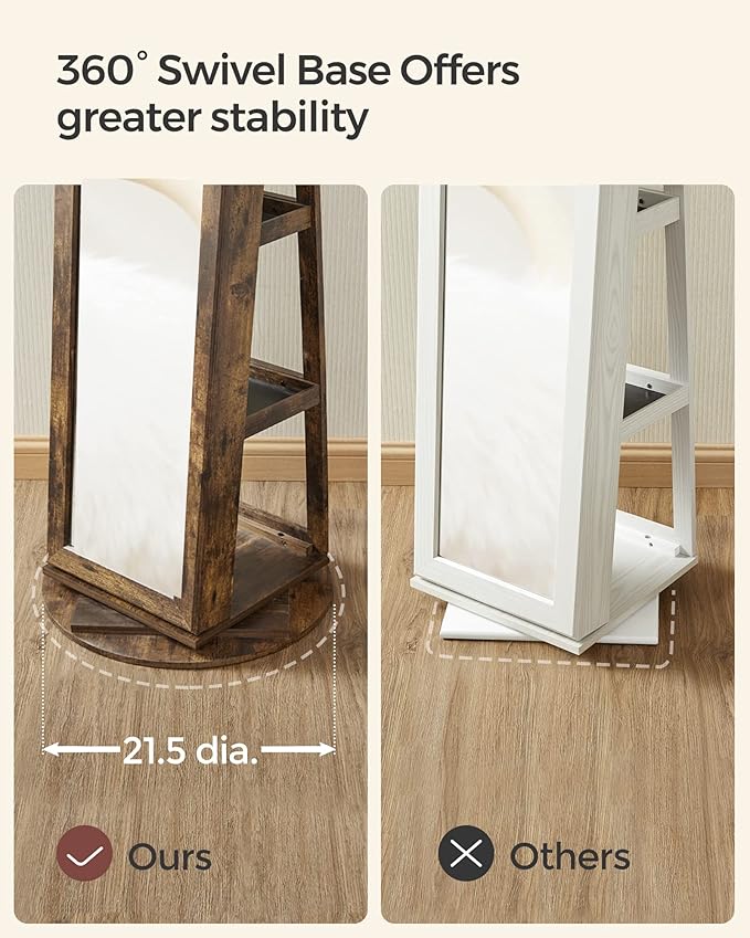 SONGMICS 360° Swivel Jewelry Cabinet, Lockable Jewelry Organizer with Full-Length Mirror, Rear Storage Shelves, Interior Mirror, Jewelry Armoire, Christmas Gifts for Women, Rustic Brown UJJC006X01