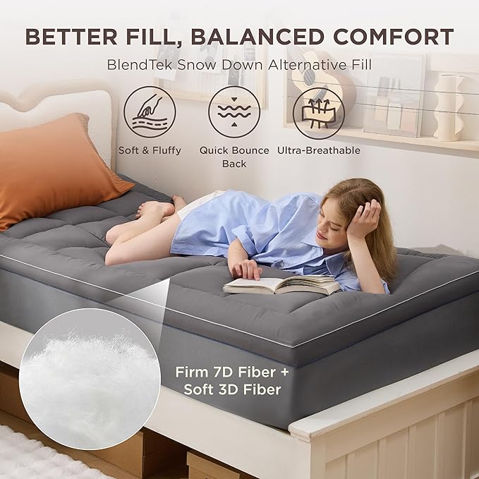 Bedsure Twin XL Mattress Topper Dorm Bedding - Extra Thick with Deep Pocket fits up to 21 Inches, Plush Soft Pillow-Top Bed Topper for Back Pain Relief, Overfilled with Down Alternative Filling, Grey