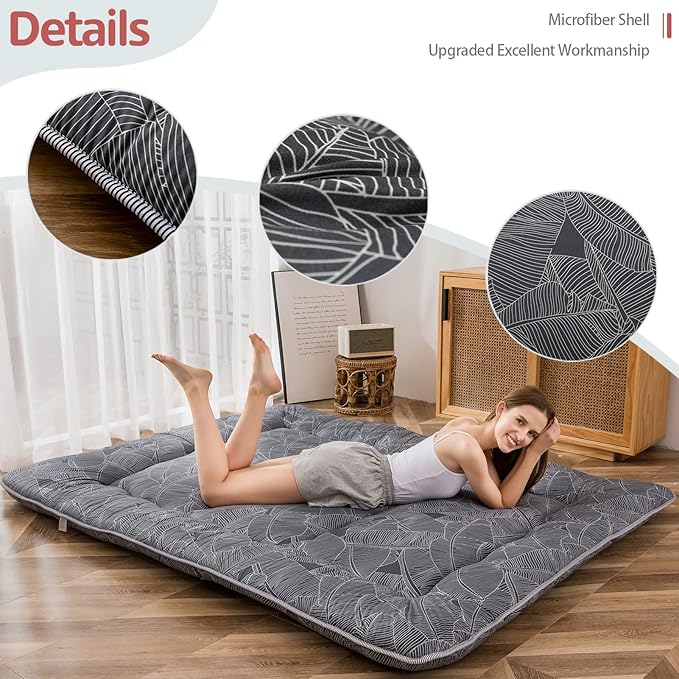 MAXYOYO Black Leaf Printed Japanese Futon Floor Mattress, Thicken Sleeping Pad Floor Bed Roll Up Camping Guest Mattress Folding Couch Bed, Full Size