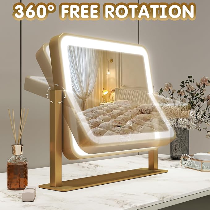 FENNIO Vanity Mirror with Lights 14x12 Inch - Makeup Mirror with Lights Tabletop, 3-Color Dimmable Lighted Mirror, Touch Control Desktop Mirror for Women (Gold)