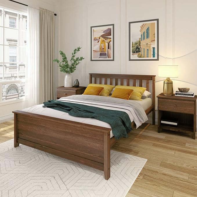 Plank+Beam Solid Wood Full Bed Frame, Platform Bed with Headboard, Walnut