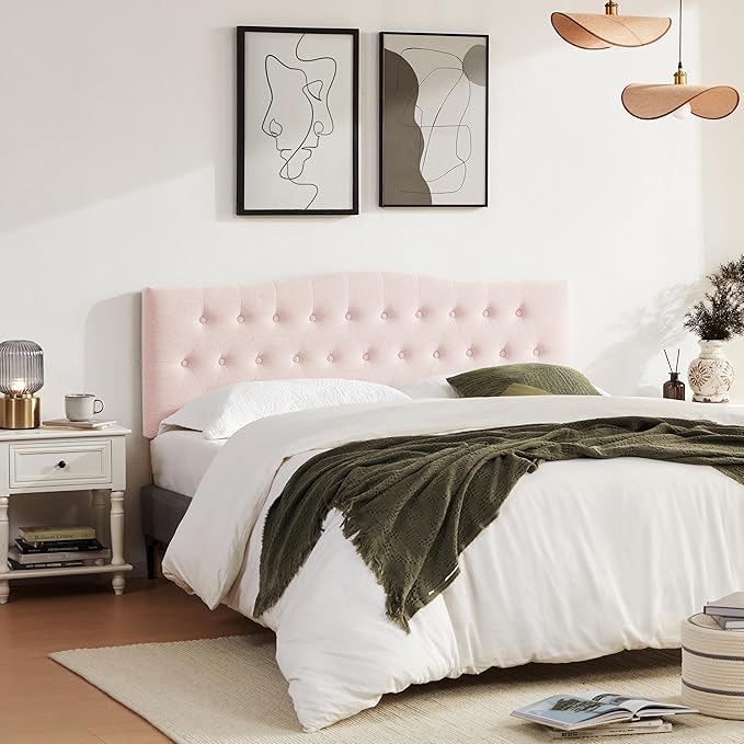 Tufted Upholstered Headboard Twin Size, Sturdy and Durable Solid Wood Bed headboard, Fabric Headboard Adjustable Height from 37” to 51”, Modern Button Diamond Design Head Board, Pink