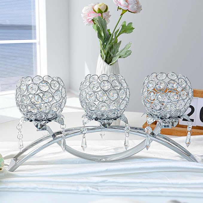 Set of 3 Gold Crystal Tea Light Candlestick Holders Flower Shape with Crystal Pendant Bowl Votive Metal Candle Holder for Table Centerpieces Wedding Home Decor (Silver, 3 arm)