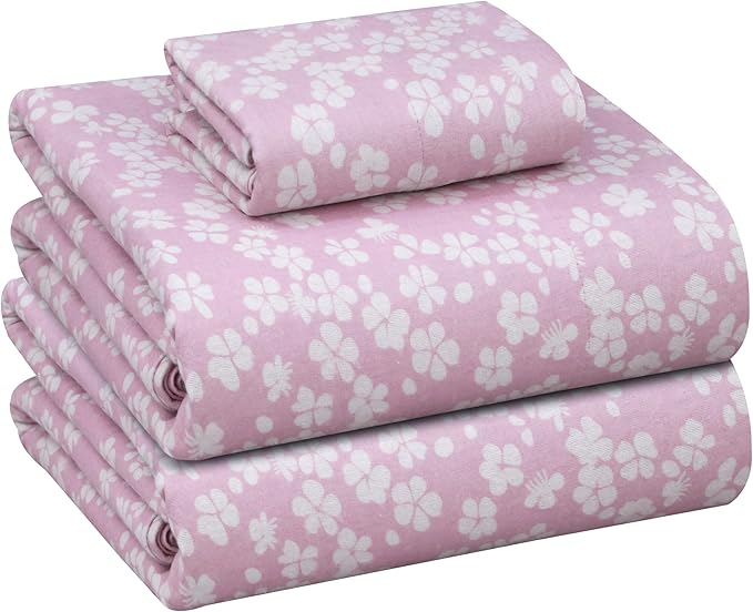 RUVANTI Flannel Sheets Twin XL Size - 100% Cotton Double Brushed Twin XL Sheet Sets, Deep Pockets 16 Inches, All Seasons Breathable & Extra Soft Bed Sheets, Warm & Cozy, 3 Piece, Pink Flora