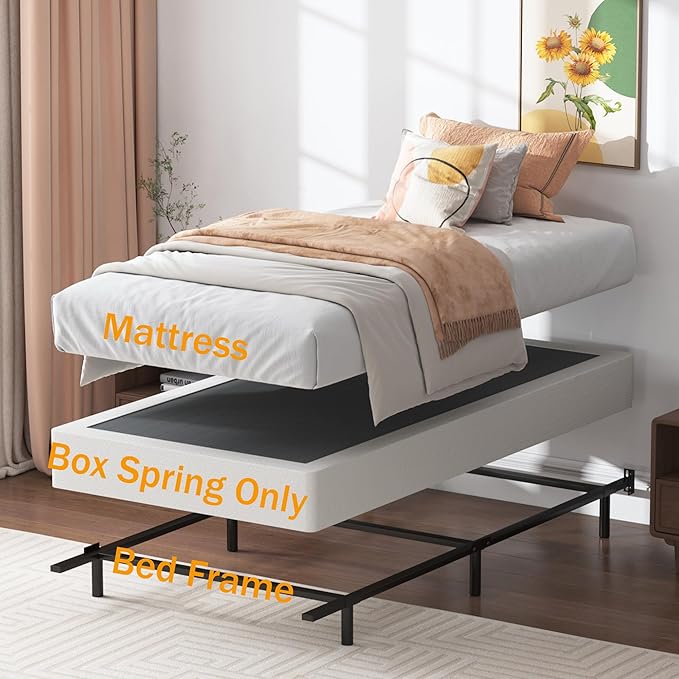 Box Spring Twin 7 Inch Metal Box Spring Twin Size Basics Bed Base, Mattress Foundation,Black Heavy Duty Structure with Cover, No Noise,Easy Assembly