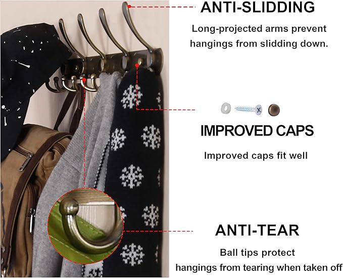 Dseap Coat Rack Wall Mounted - 5 Tri Hooks, Heavy Duty, Stainless Steel, Metal Coat Hook Rail for Coat Hat Towel Purse Robes Mudroom Bathroom Entryway,Bronze