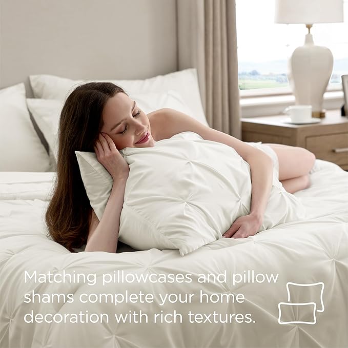 Bedsure Queen Comforter Set Ivory - Bed in a Bag Queen Size Bedding 7 Pieces, GentleSoft™ Pintuck Bed Set Gift for Family, Pinch Pleat All Season Comforter with Sheets, Pillowcases & Shams