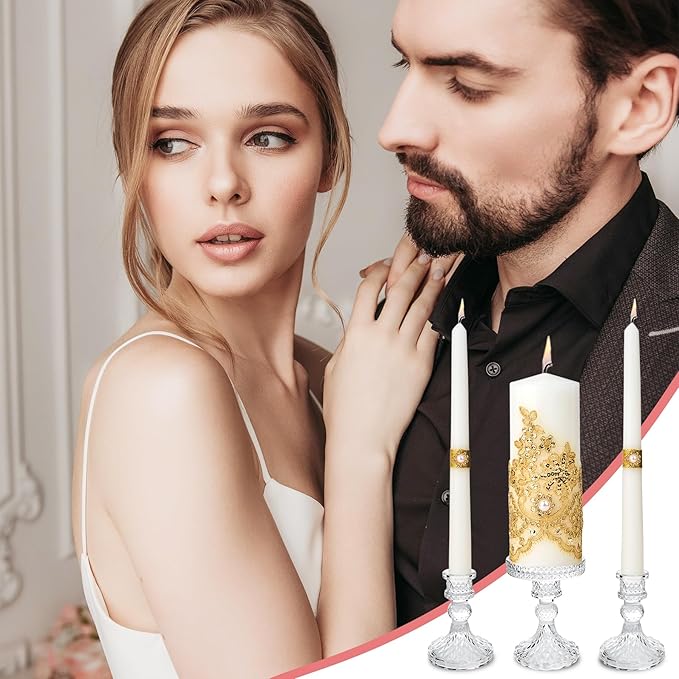 Unity Candle Holder - Glass Candle Holders for Pillar Candles Taper Candles, Glass Candlestick Holders Set of 3, Decorative Clear Glass Candlestick Holder for Wedding Table Dinning Church Centerpiece