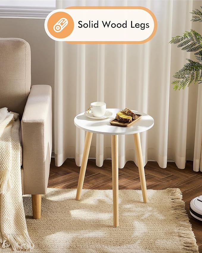Apicizon Round Side Table Set of 2, White Nightstand Coffee End Table for Living Room, Bedroom, Small Spaces, Modern Home Decor Bedside Table with Natural Wood Legs, 16.5 Inches