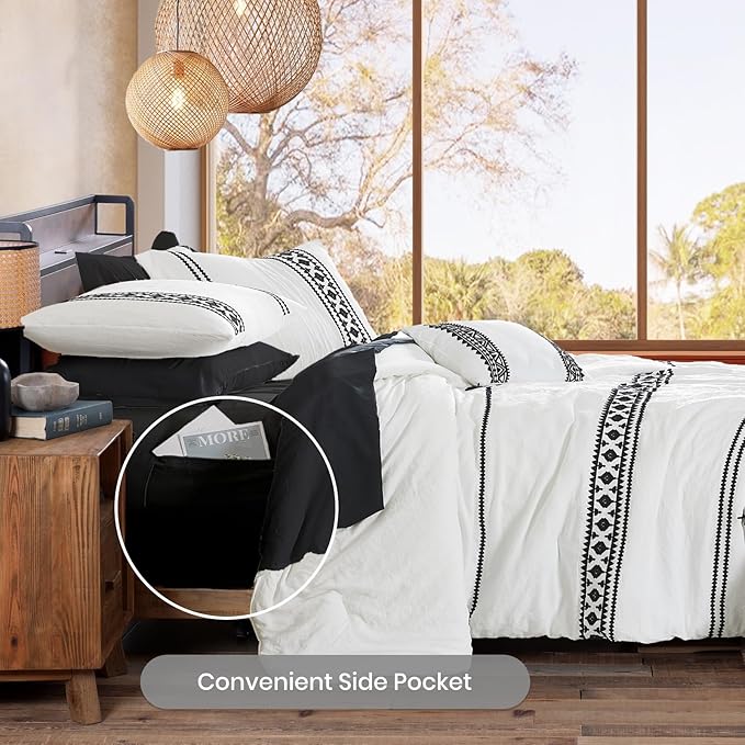 MaiRêve Embroidery Comforter Set Queen Size - 7 Piece, White Boho Western Bedding All Season Bed in A Bag, Farmhouse Queen Comforter Set with Sheets, Pillowcases & Shams