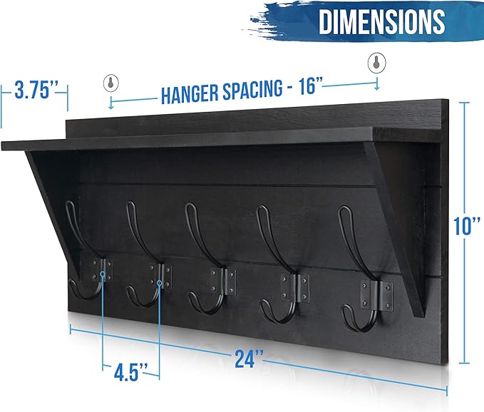 Wall Mounted Coat Rack Shelf, Rustic Wooden Country Style 24" Entryway Shelf with 5 Rustic Hooks Featuring Solid Pine Wood. Perfect Touch for Your Entryway, Mudroom, Kitchen, Bathroom and More, Black