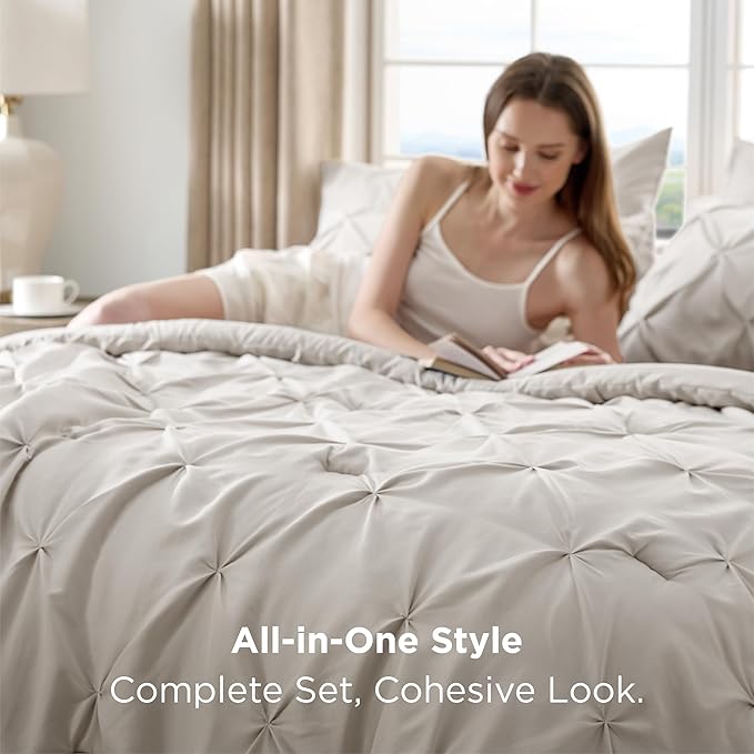 Bedsure Full Comforter Set Linen - Bed in a Bag Full Size Bedding Set 7 Pieces, GentleSoft™ Pintuck Bed Set Gift for Family, Pinch Pleat All Season Comforter with Sheets, Pillowcases & Shams