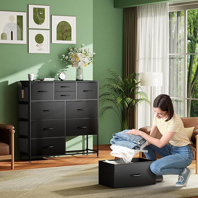 10 Drawer Dresser, Chest of Drawers for Bedroom, PU Dresser with Side Pockets, Hooks, Wooden Top and Sturdy Metal Frame for Living Room, Closet, Hallway (Black)