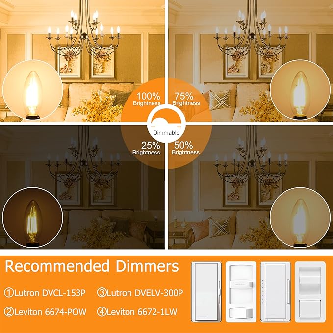 Cotanic Dimmable Candelabra LED Bulb 3000K Soft White,E12 Base Ceiling Fan Light Bulb 60W Equivalent, B11 LED Candle Shape with Clear Glass,C35 Filament Chandelier Light Bulb,600LM,8 Pack