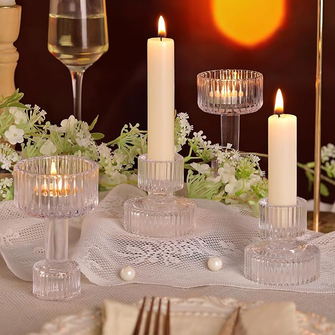 Candlestick Holders Bulk, 6 Pcs Clear Combination Candle Holders Set, Crystal Candle Holders for Wedding, Table Centerpiece, Home Decoration