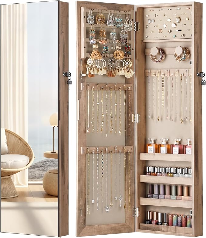 Nicetree Mirror Jewelry Cabinet, Jewelry Armoire with Full Length Mirror,Mirror with Jewelry Storage Wall/Door Mounted, Lockable Jewelry Armoire Organizer,Toasted Oak