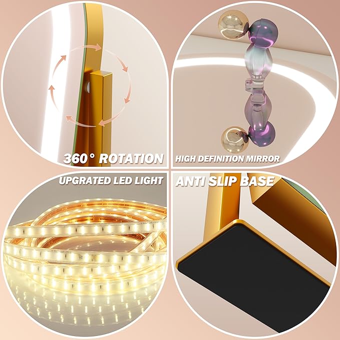 FENNIO Large Vanity Mirror with Lights - 15.5"x13" LED Lighted Makeup Mirror with Lights, 10X Magnification, Touch Screen with 3-Color Lighting, Dimmable, for Vanity Desk Tabletop, Bedroom（Gold）