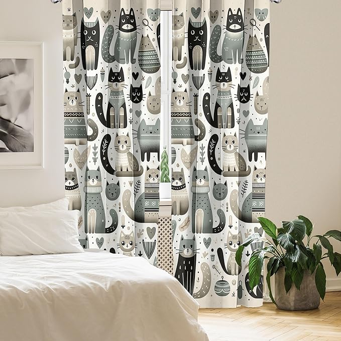 Ambesonne Cats Window Curtains Pack of 2, Modern Scandinavian Inspired Innocent Kitten Pattern with Leafy Details, Lightweight Set with Rod Pocket, 4 Panels of - 28" x 63", Pale Teal Pale Khaki Grey