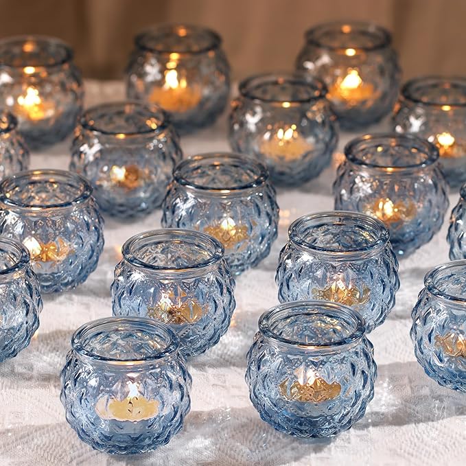 DARJEN 48Pcs Blue Round Candle Holders - Bulk Glass Candle Holders for Vintage Decoration, Tea Lights for Wedding Shower, Party & Gift