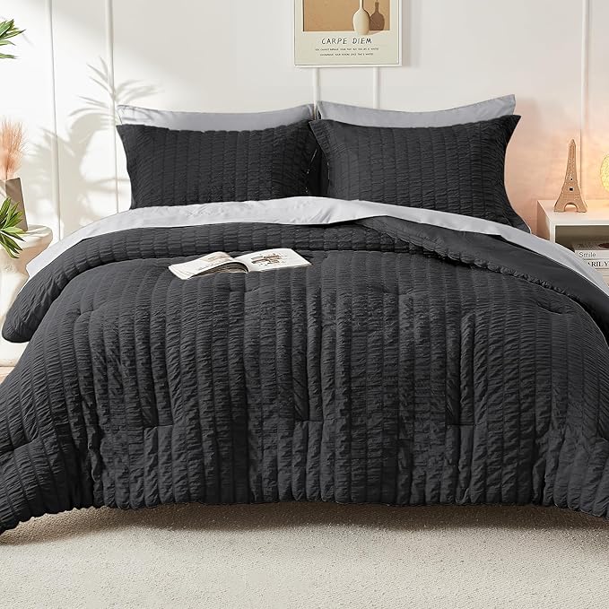 HYMOKEGE Black/Light Grey Twin Comforter Set Seersucker 5 Pieces, All Season Luxury Bed in a Bag for Bedroom, Bedding Set with Comforter, Sheets, Pillowcase & Sham