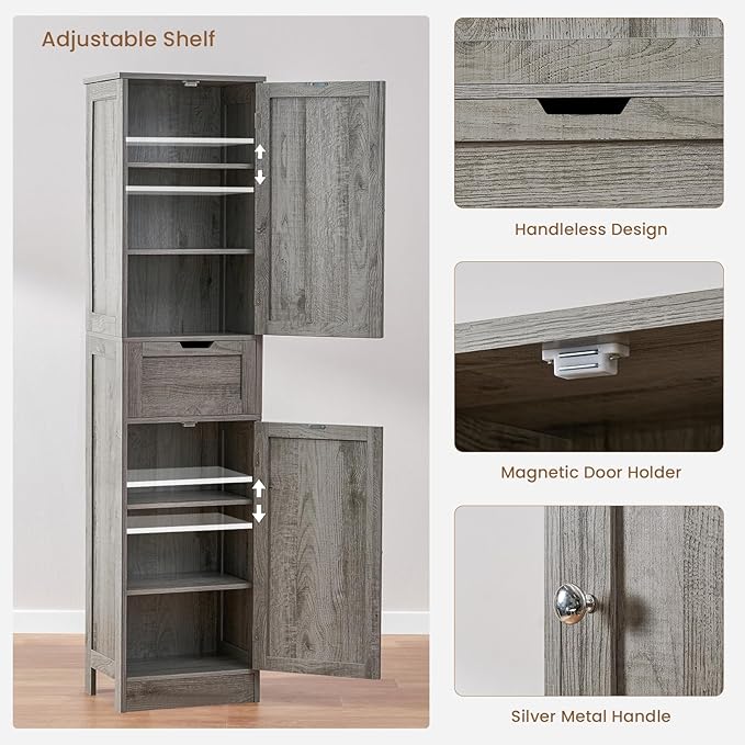 Iwell 67" Tall Bathroom Cabinet with Adjustable Shelves & 1 Drawer, Storage Cabinet with 2 Doors, Narrow Tall Cabinet, Floor Cabinet for Bathroom, Living Room, Home Office, Grey